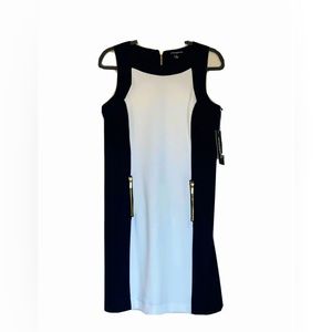 Women size 8 sharagano black and white sheath zipper dress